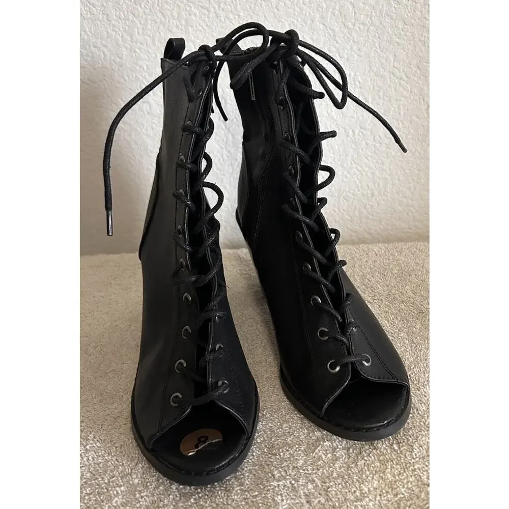Breckelles Tina-15 SZ 8 Black Lace Up Boot Open Toe Block Heel Zip Faux Leather